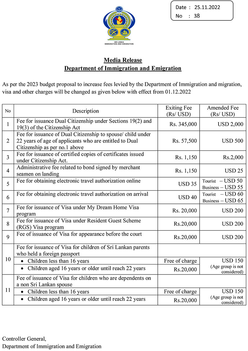 Visa Charges Dual Citizenship Fees Upped Sri Lanka Mirror Right   Sri Lanka Increases Visa Charges From December 1 2022 